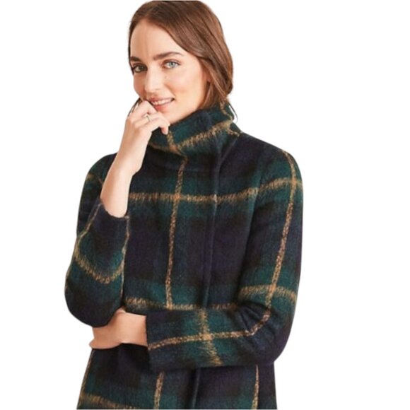 Ann Taylor Plaid Funnel Neck Brushed Wool Blend Coat Women S - Green Multi-Color - Picture 2 of 11